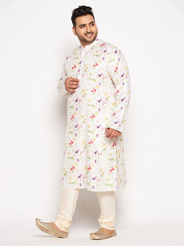 Men's Plus Size Cream Cotton Blend Printed Kurta And Solid Pyjama Set