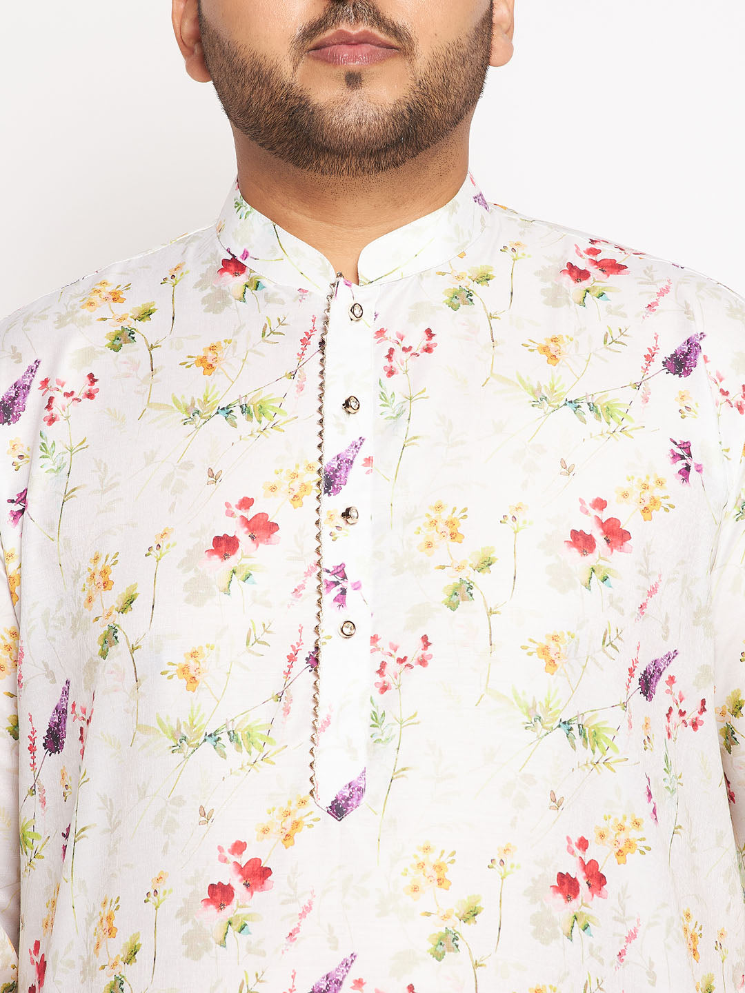 Men's Plus Size Cream Cotton Blend Printed Kurta And Solid Pyjama Set