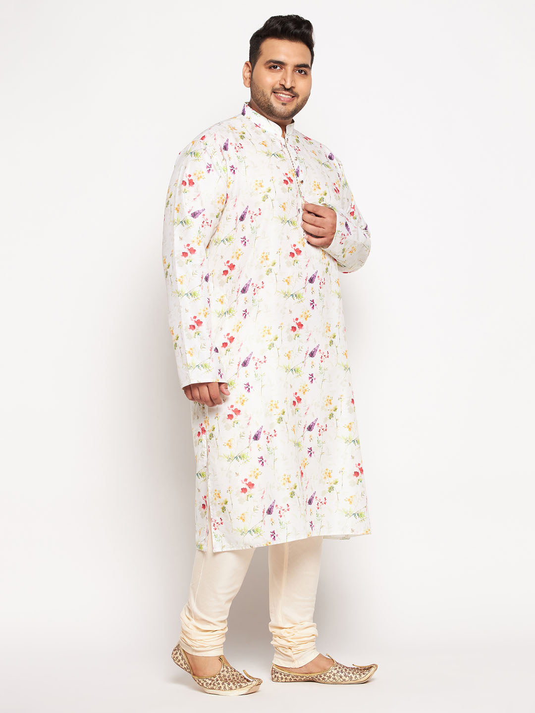 Men's Plus Size Cream Cotton Blend Printed Kurta And Solid Pyjama Set