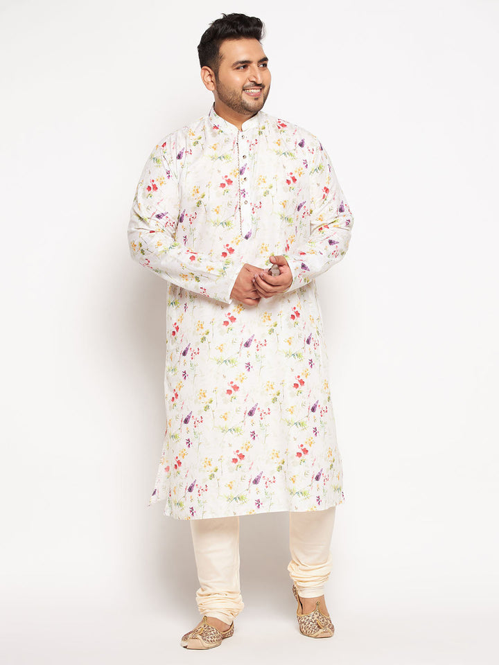 Men's Plus Size Cream Cotton Blend Printed Kurta And Solid Pyjama Set