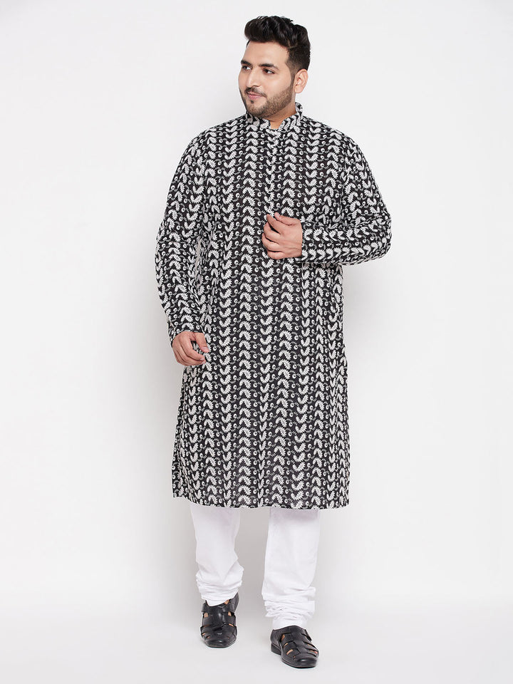Men's Plus Size Black Chikankari Embroidered Kurta