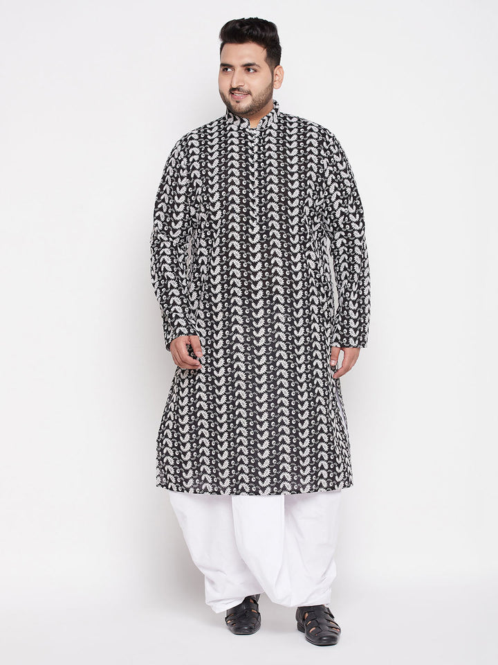 Men's Plus Size Black Chikankari Embroidered Kurta And White Dhoti Set