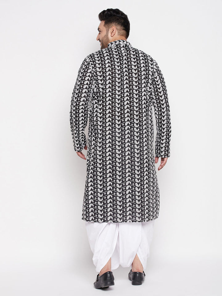 Men's Plus Size Black Chikankari Embroidered Kurta And White Dhoti Set
