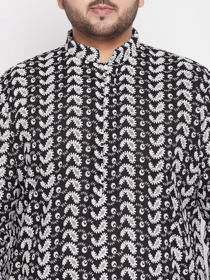 Men's Plus Size Black Chikankari Embroidered Kurta And White Dhoti Set