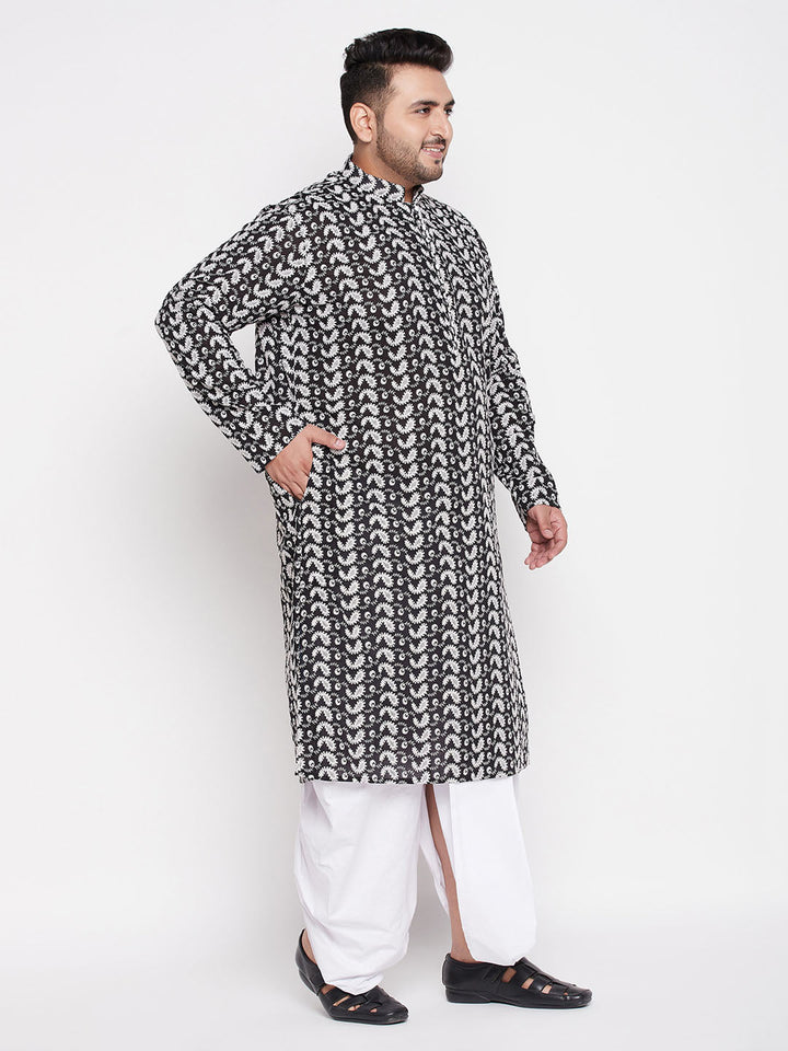 Men's Plus Size Black Chikankari Embroidered Kurta And White Dhoti Set