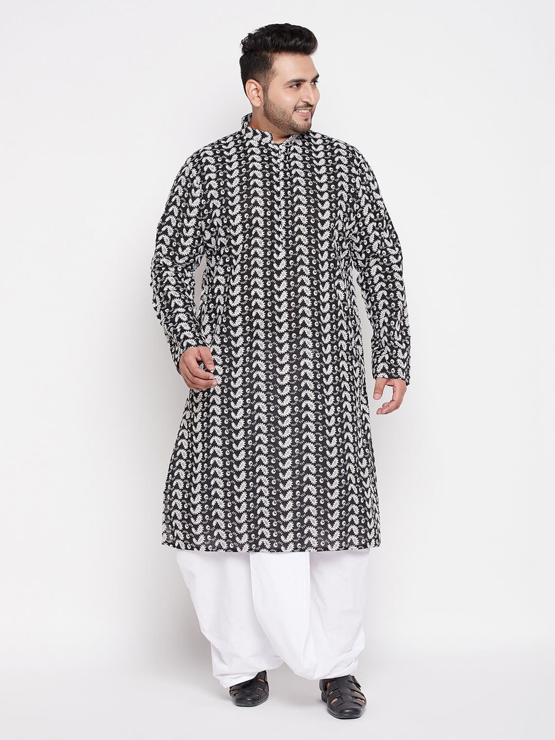 Men's Plus Size Black Chikankari Embroidered Kurta And White Dhoti Set
