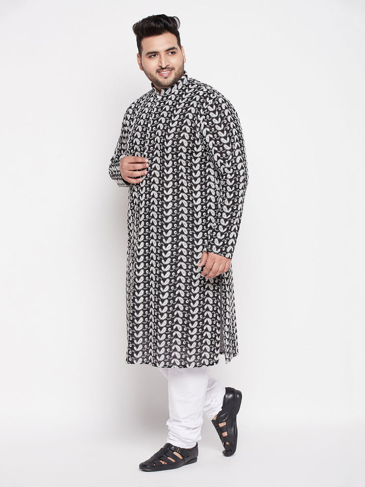 Men's Plus Size Black Chikankari Embroidered Kurta And White Pyjama Set