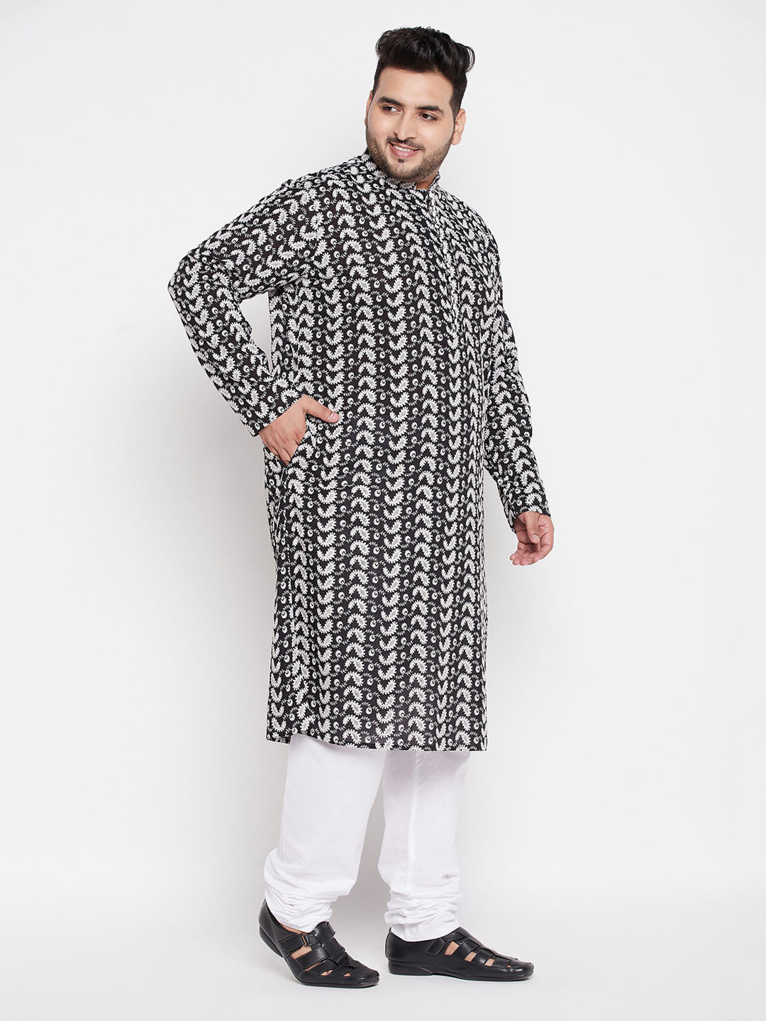 Men's Plus Size Black Chikankari Embroidered Kurta And White Pyjama Set
