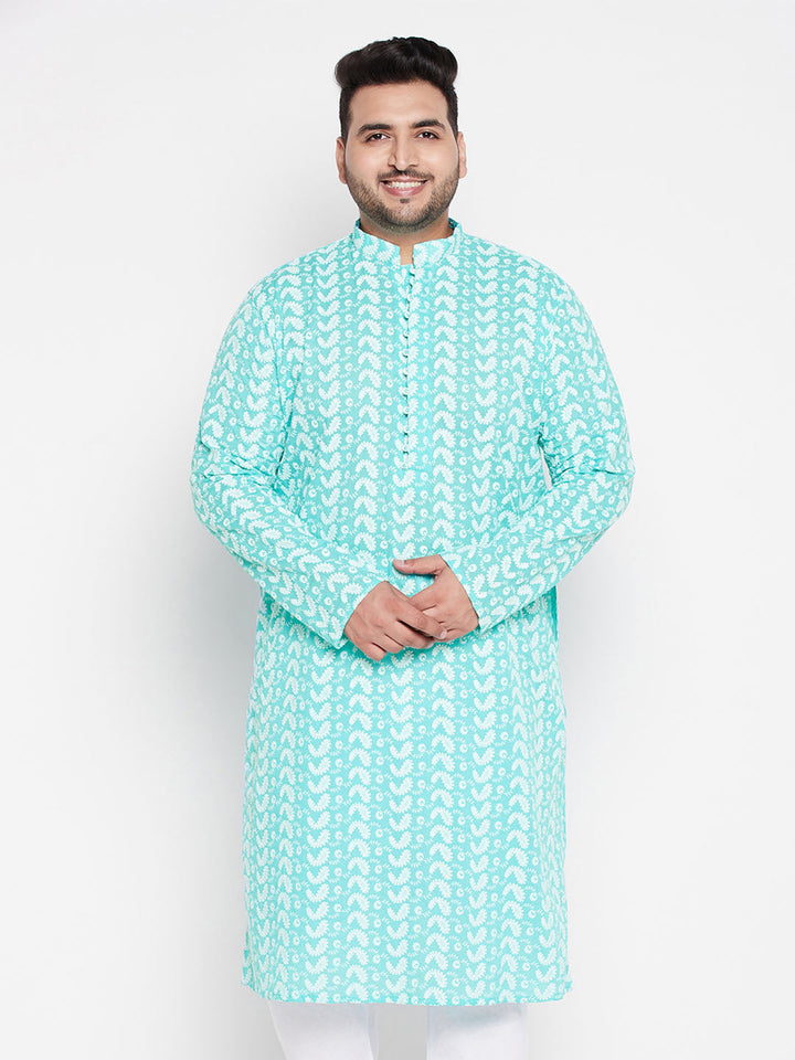 Men's Plus Size Green Chikankari Embroidered Kurta