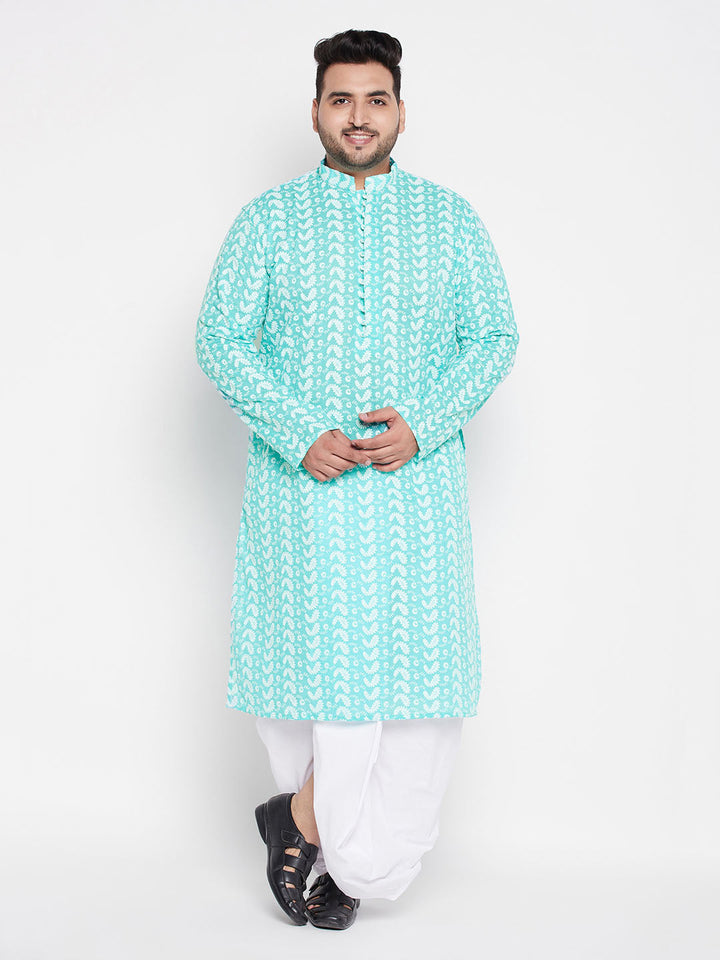 Men's Plus Size Green Chikankari Embroidered Kurta And White Dhoti Set