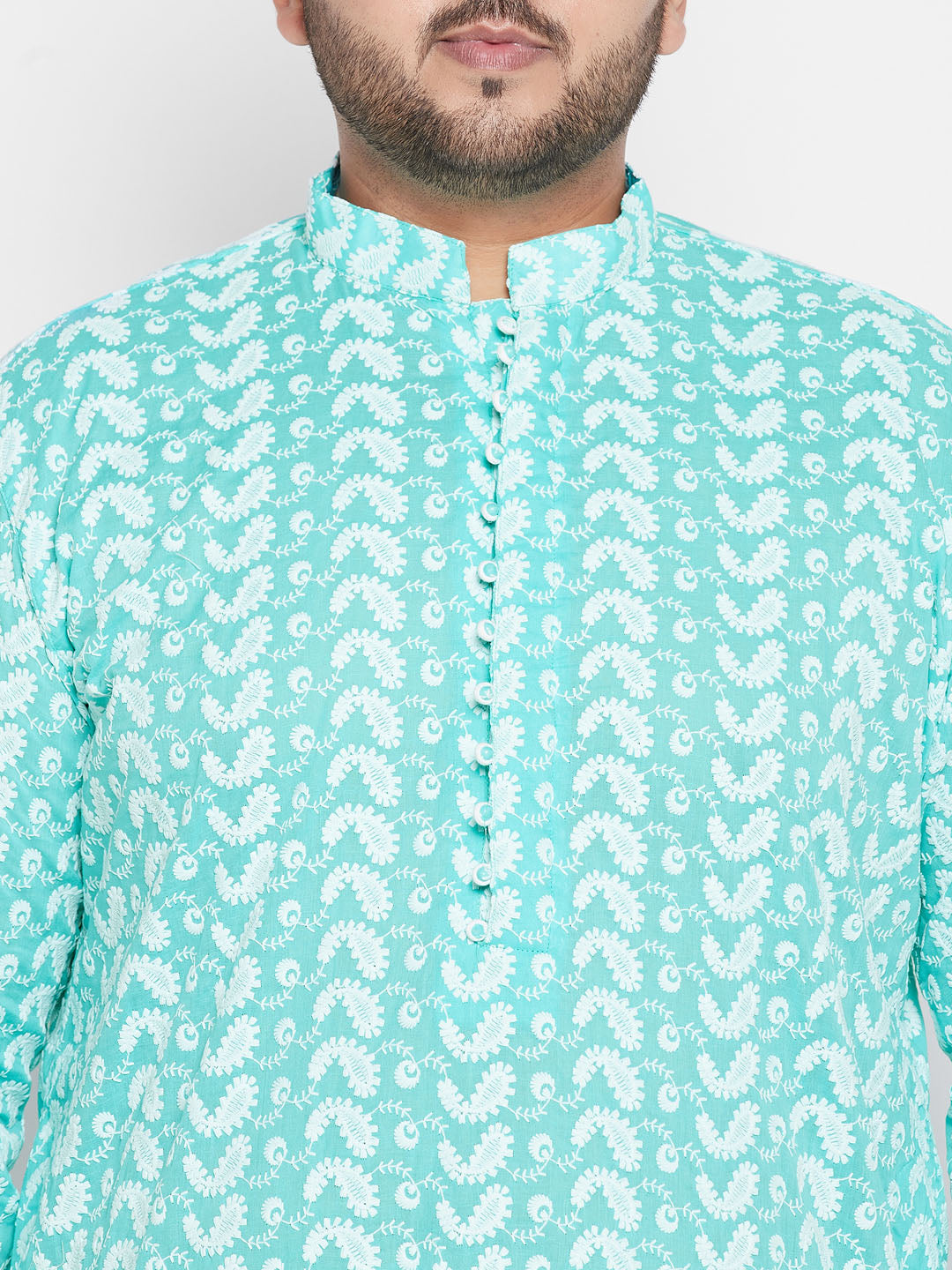 Men's Plus Size Green Chikankari Embroidered Kurta And White Dhoti Set