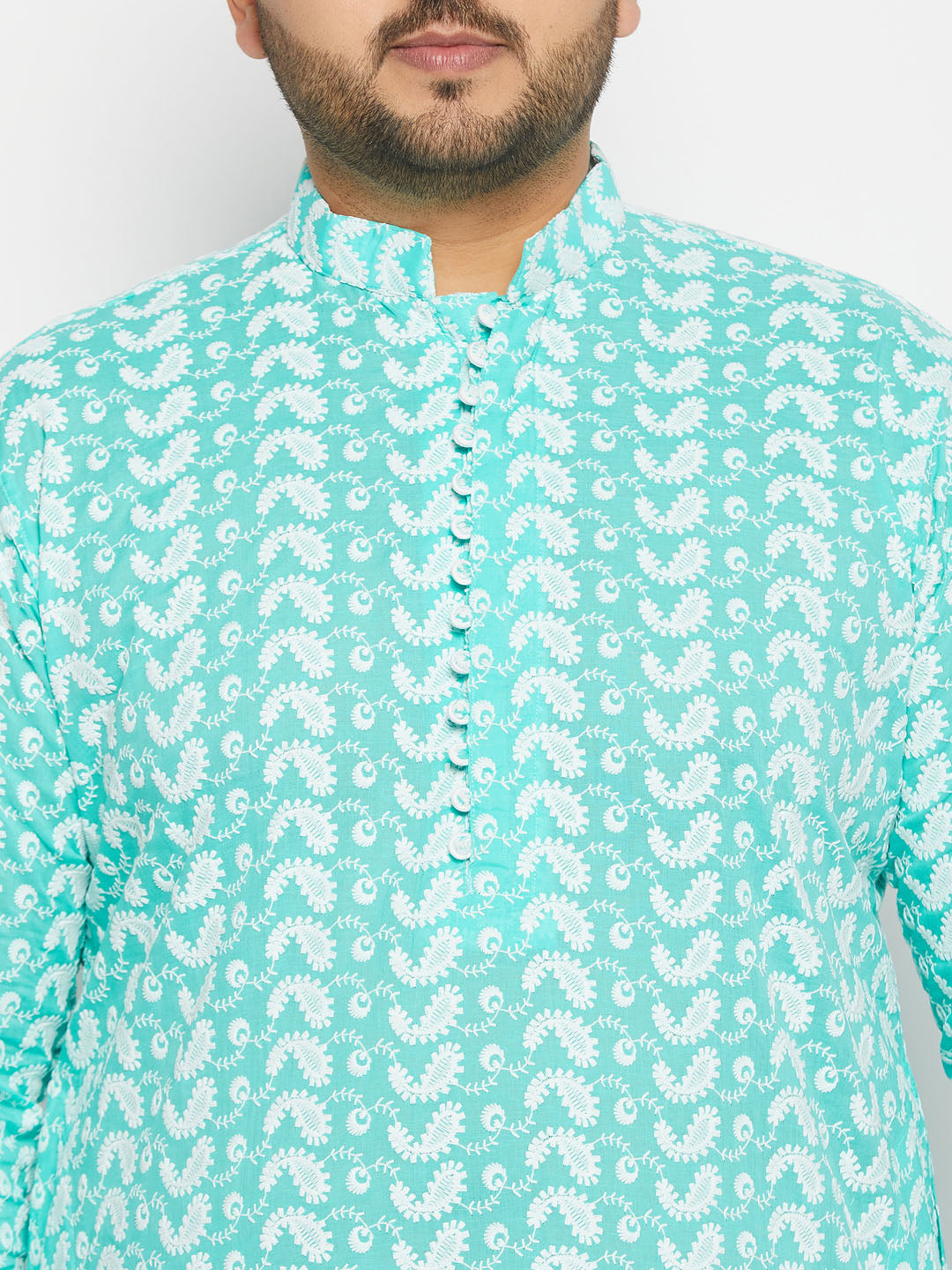 Men's Plus Size Green Chikankari Embroidered Kurta And White Cotton Pant Style Pyjama Set