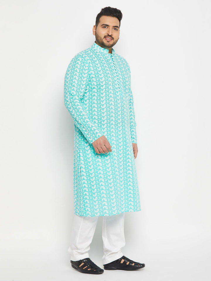 Men's Plus Size Green Chikankari Embroidered Kurta And White Cotton Pant Style Pyjama Set