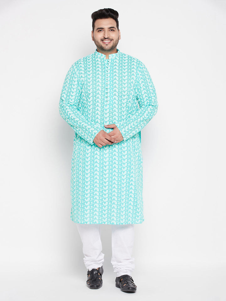 Men's Plus Size Green Chikankari Embroidered Kurta And White Pyjama Set