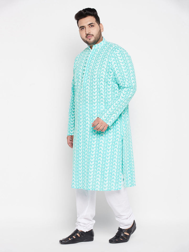 Men's Plus Size Green Chikankari Embroidered Kurta And White Pyjama Set