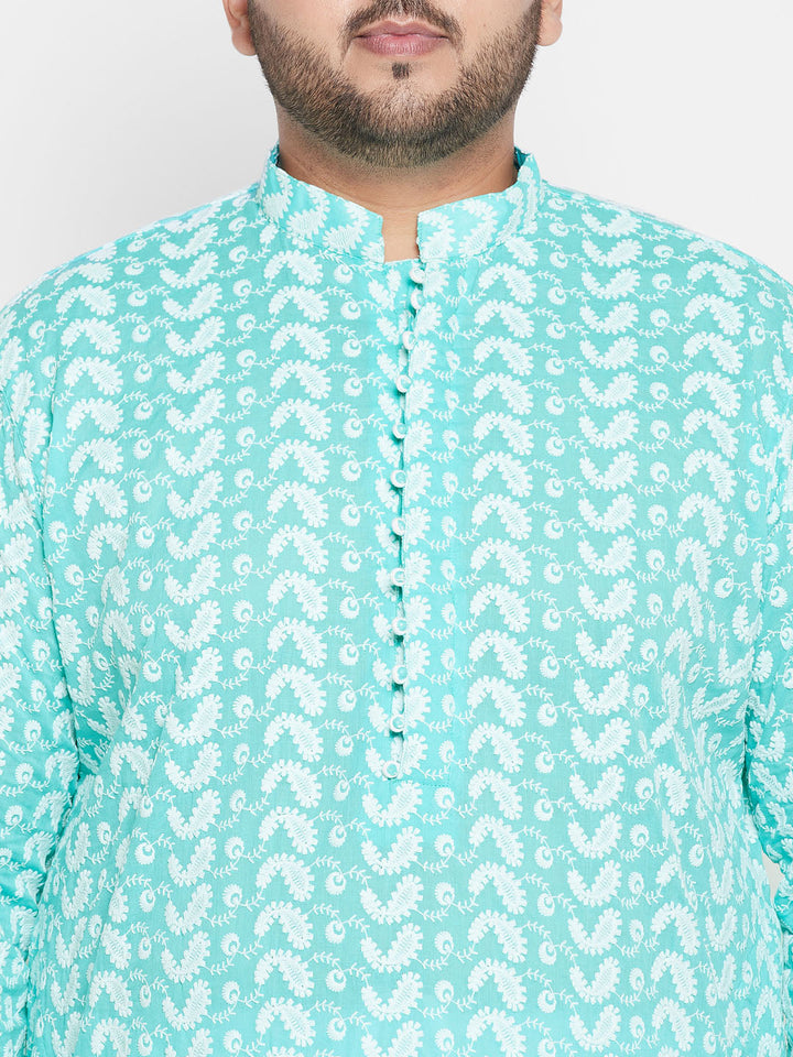 Men's Plus Size Green Chikankari Embroidered Kurta And White Pyjama Set