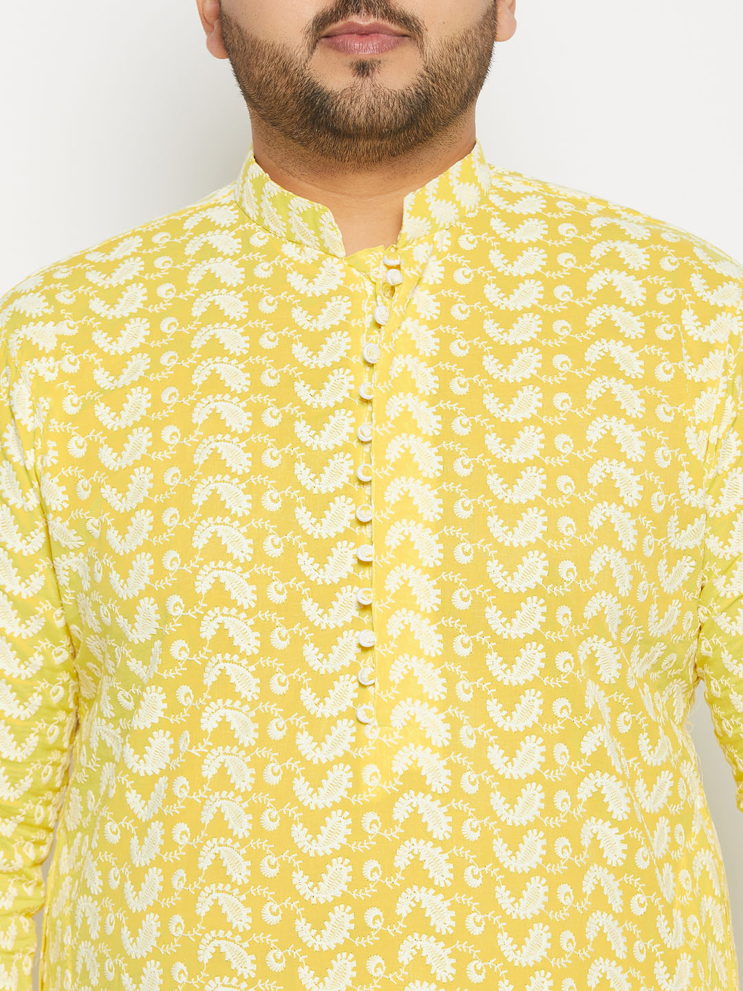 Men's Plus Size Mustard Chikankari Embroidered Kurta
