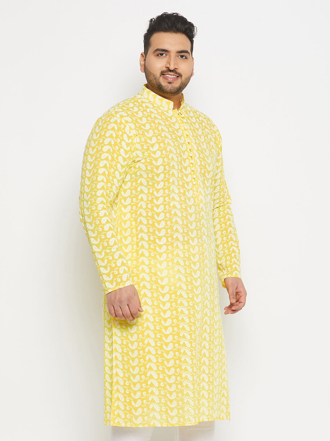 Men's Plus Size Mustard Chikankari Embroidered Kurta