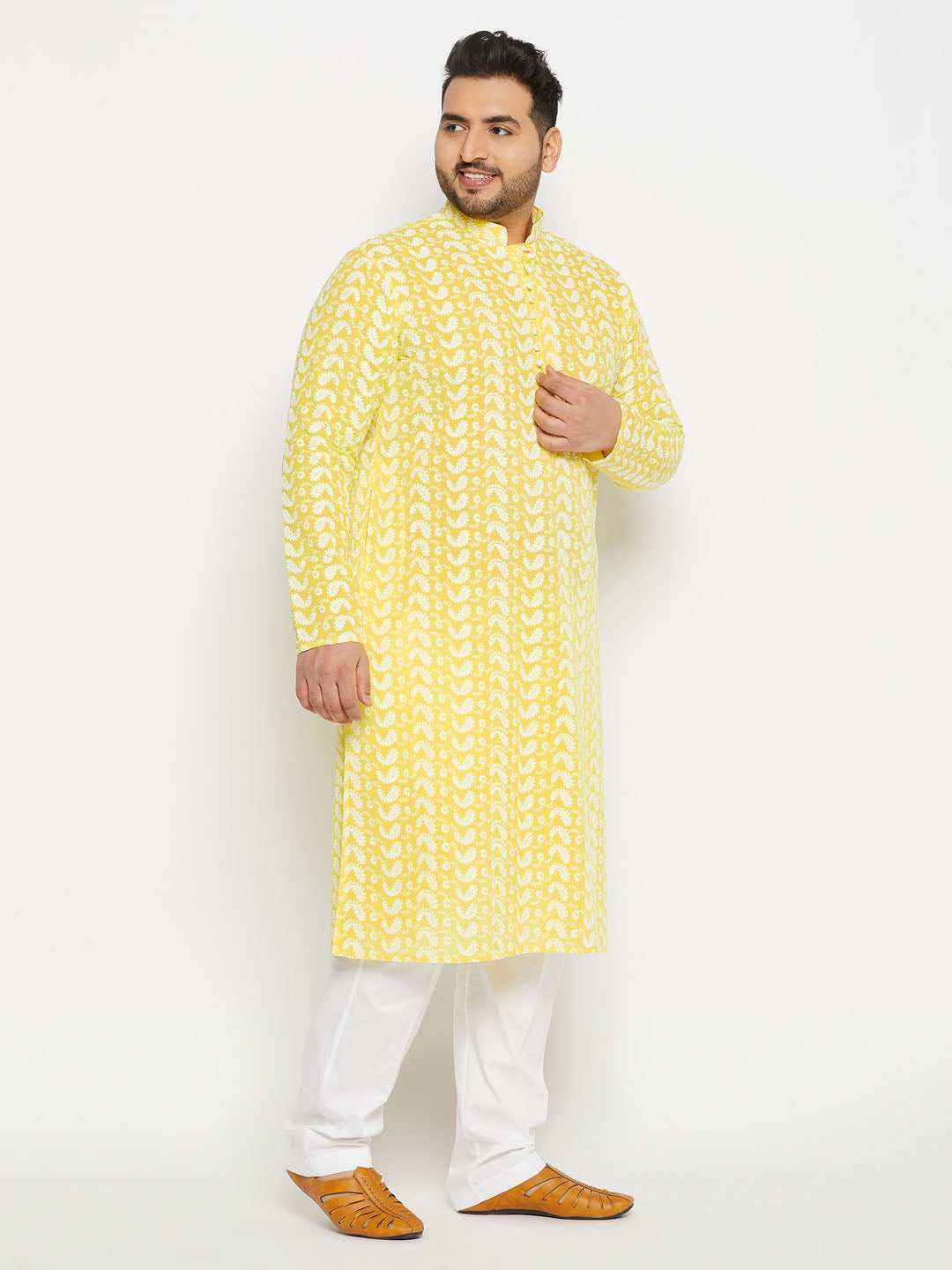 Men's Plus Size Mustard Chikankari Embroidered Kurta And White Cotton Pant Style Pyjama Set