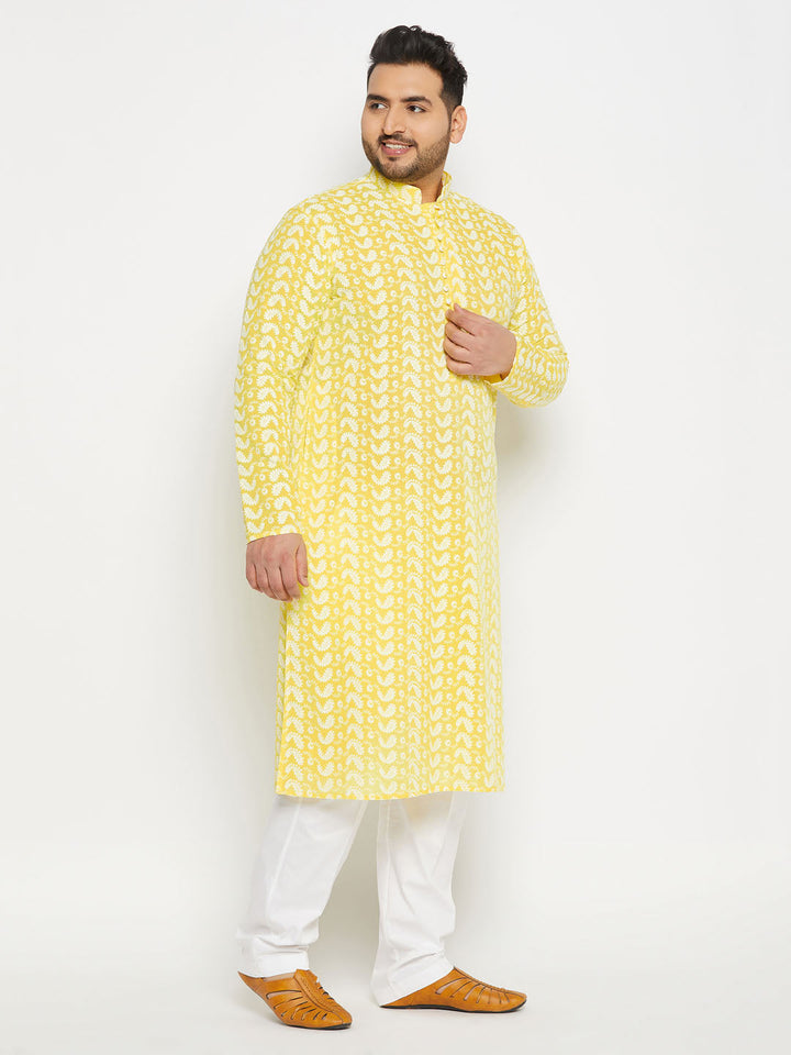 Men's Plus Size Mustard Chikankari Embroidered Kurta And White Cotton Pant Style Pyjama Set