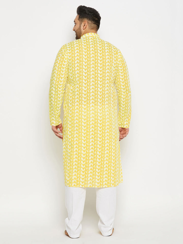 Men's Plus Size Mustard Chikankari Embroidered Kurta And White Cotton Pant Style Pyjama Set