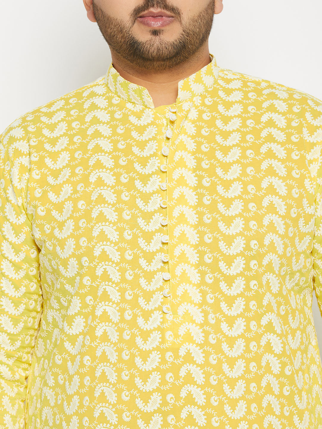 Men's Plus Size Mustard Chikankari Embroidered Kurta And White Cotton Pant Style Pyjama Set