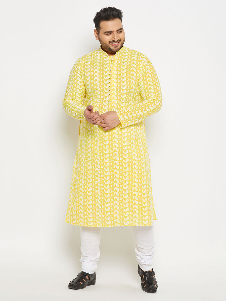 Men's Plus Size Mustard Chikankari Embroidered Kurta And White Pyjama Set