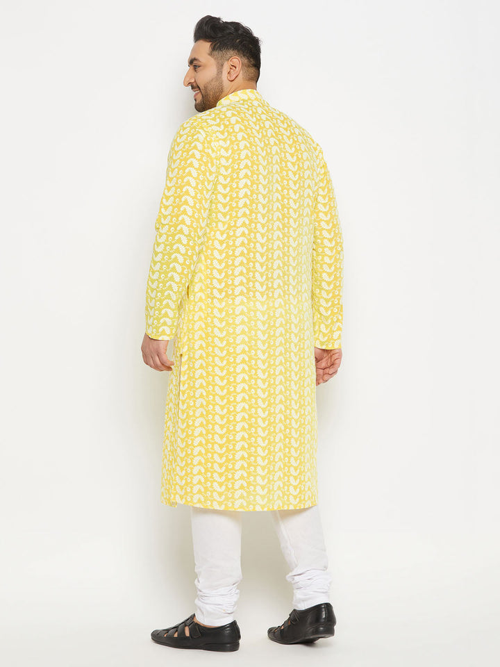 Men's Plus Size Mustard Chikankari Embroidered Kurta And White Pyjama Set