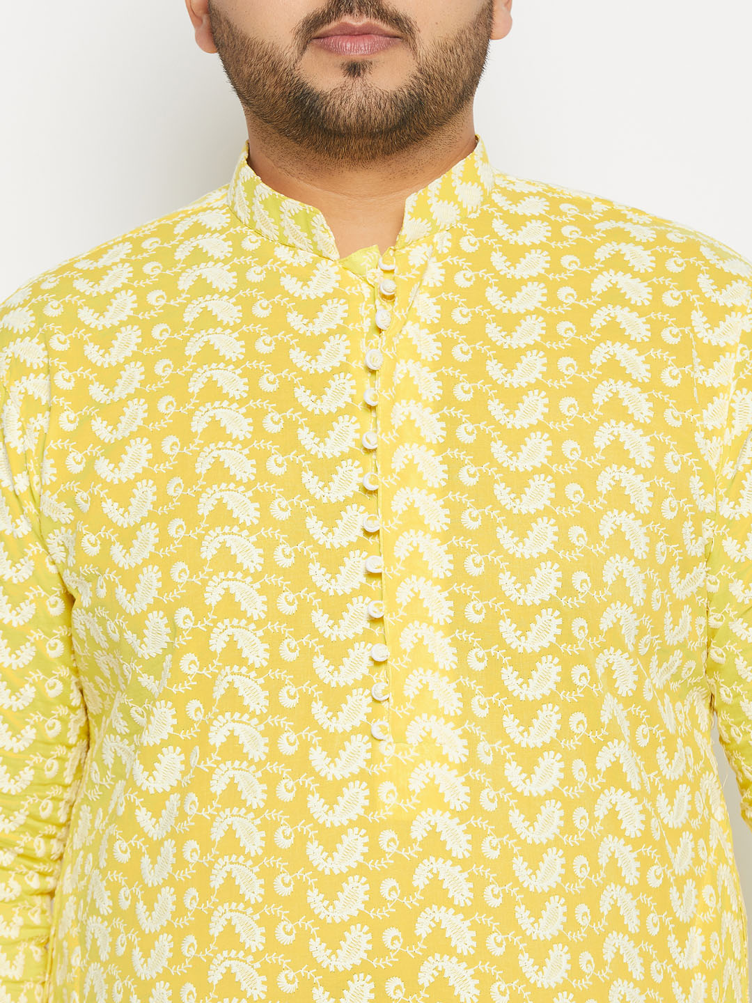 Men's Plus Size Mustard Chikankari Embroidered Kurta And White Pyjama Set