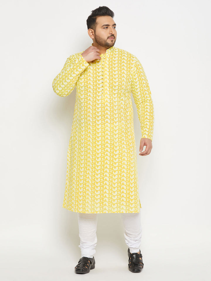 Men's Plus Size Mustard Chikankari Embroidered Kurta And White Pyjama Set
