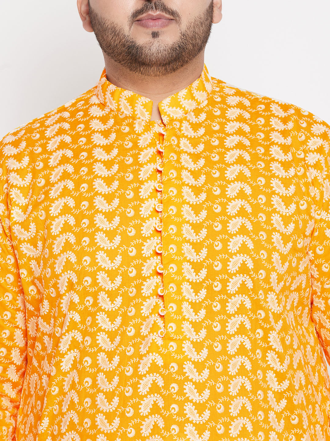 Men's Plus Size Orange Chikankari Embroidered Kurta