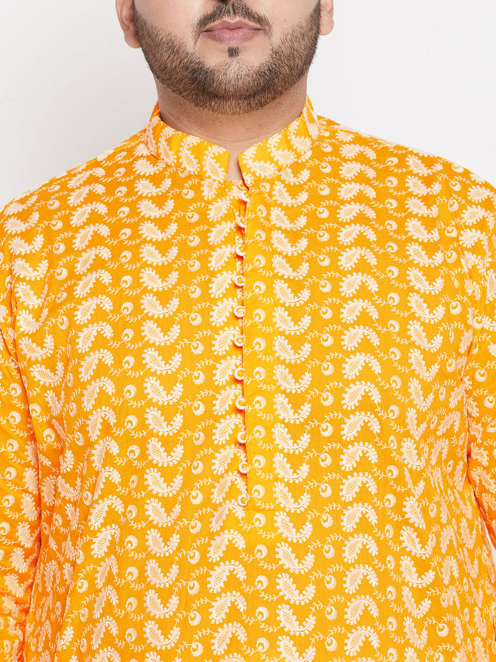 Men's Plus Size Orange Chikankari Embroidered Kurta