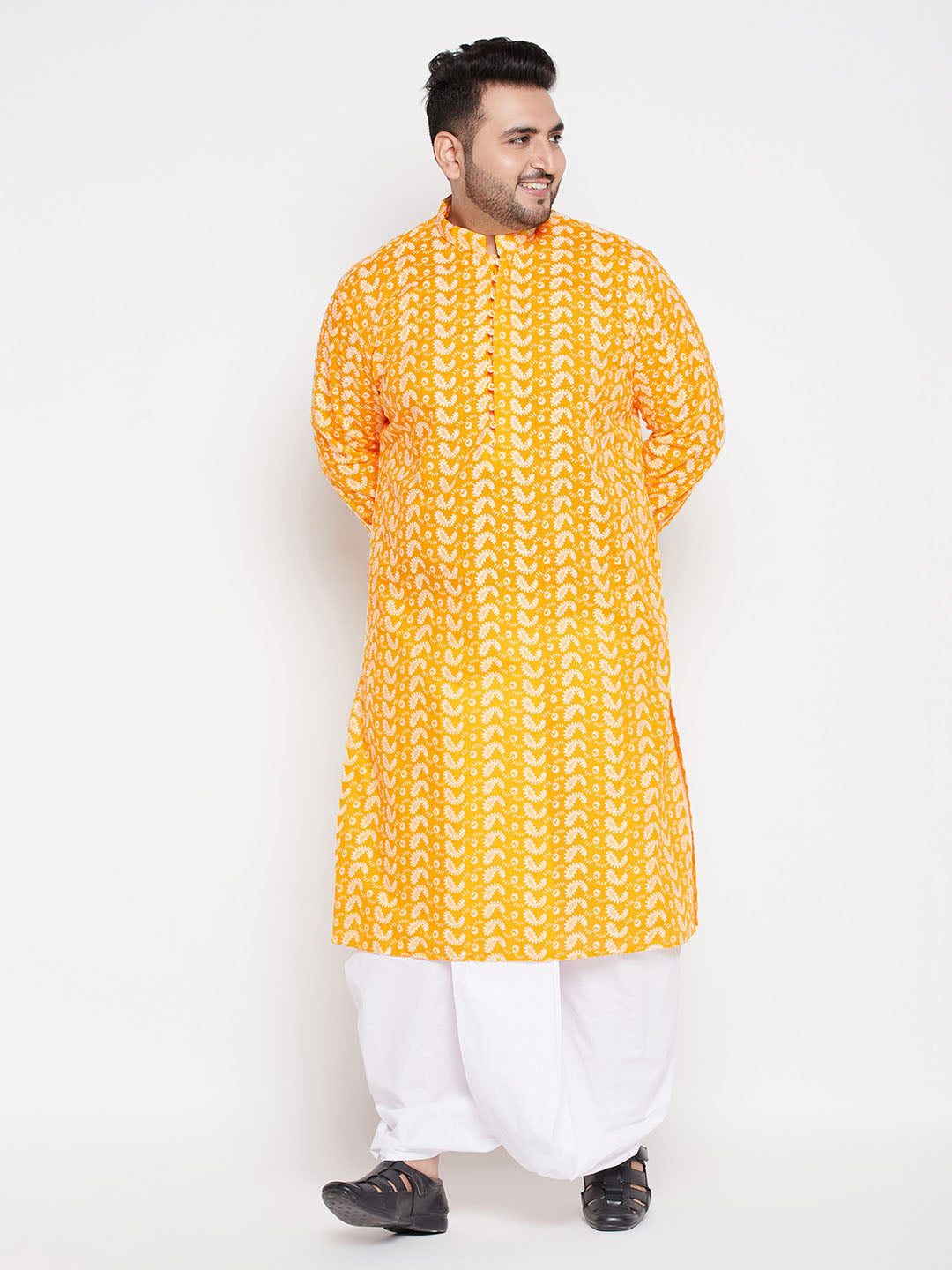 Men's Plus Size Orange Chikankari Embroidered Kurta And White Dhoti Set