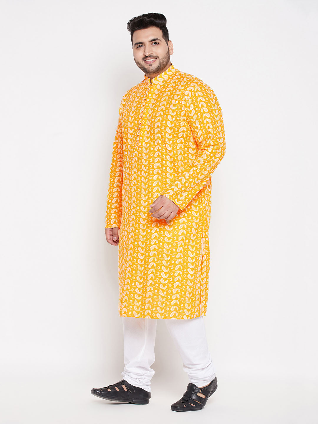 Men's Plus Size Orange Chikankari Embroidered Kurta And White Pyjama Set
