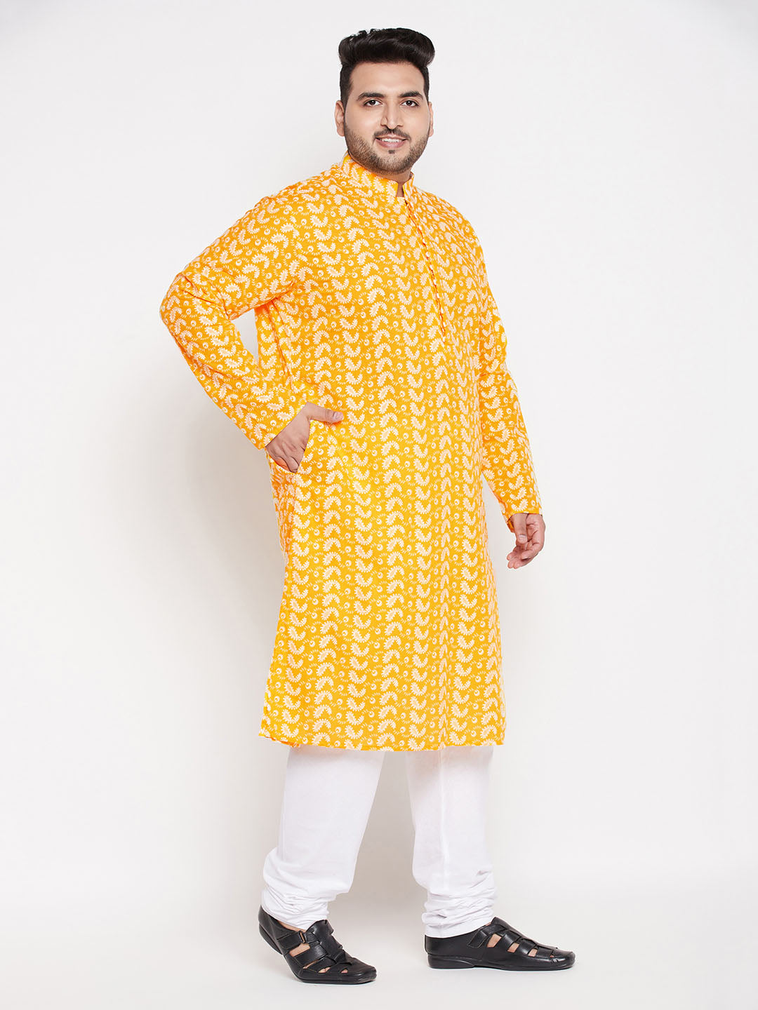 Men's Plus Size Orange Chikankari Embroidered Kurta And White Pyjama Set