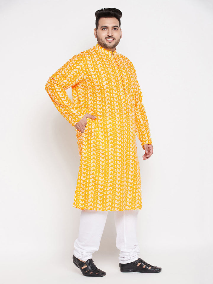 Men's Plus Size Orange Chikankari Embroidered Kurta And White Pyjama Set