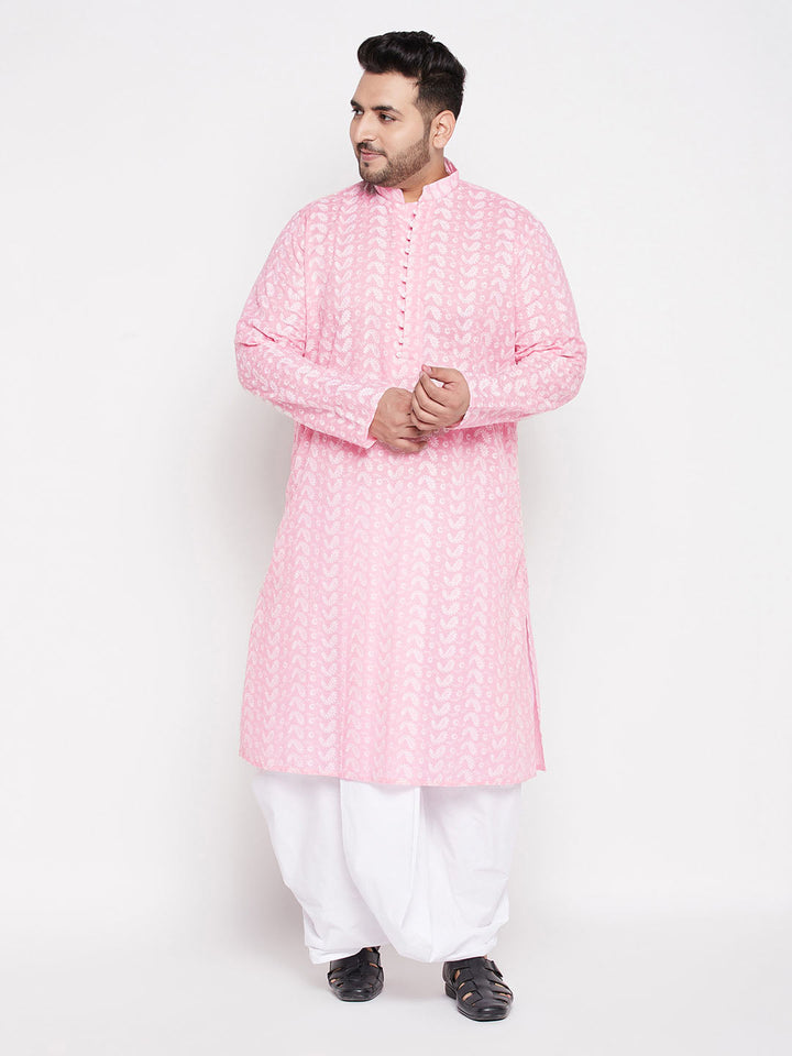 Men's Plus Size Pink Chikankari Embroidered Kurta And White Dhoti Set