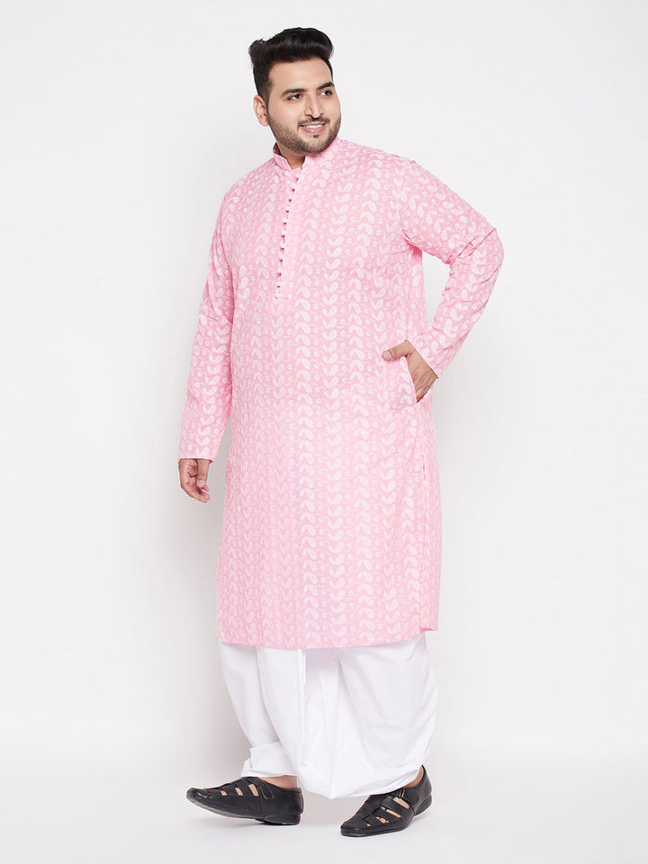 Men's Plus Size Pink Chikankari Embroidered Kurta And White Dhoti Set