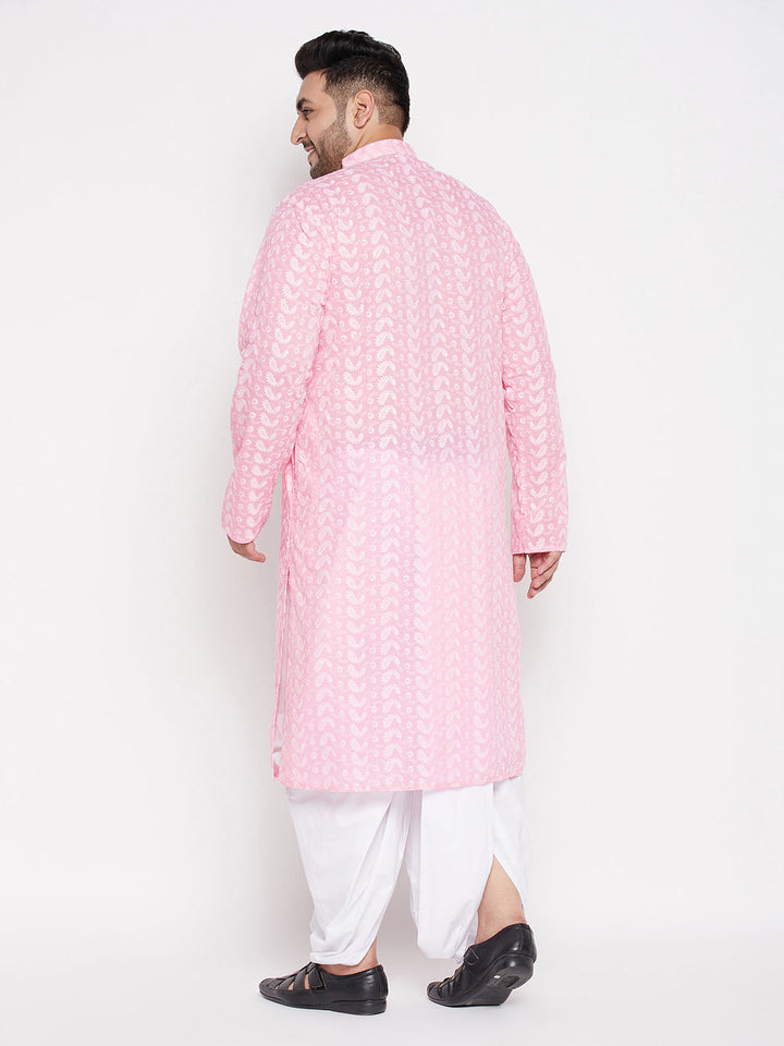 Men's Plus Size Pink Chikankari Embroidered Kurta And White Dhoti Set