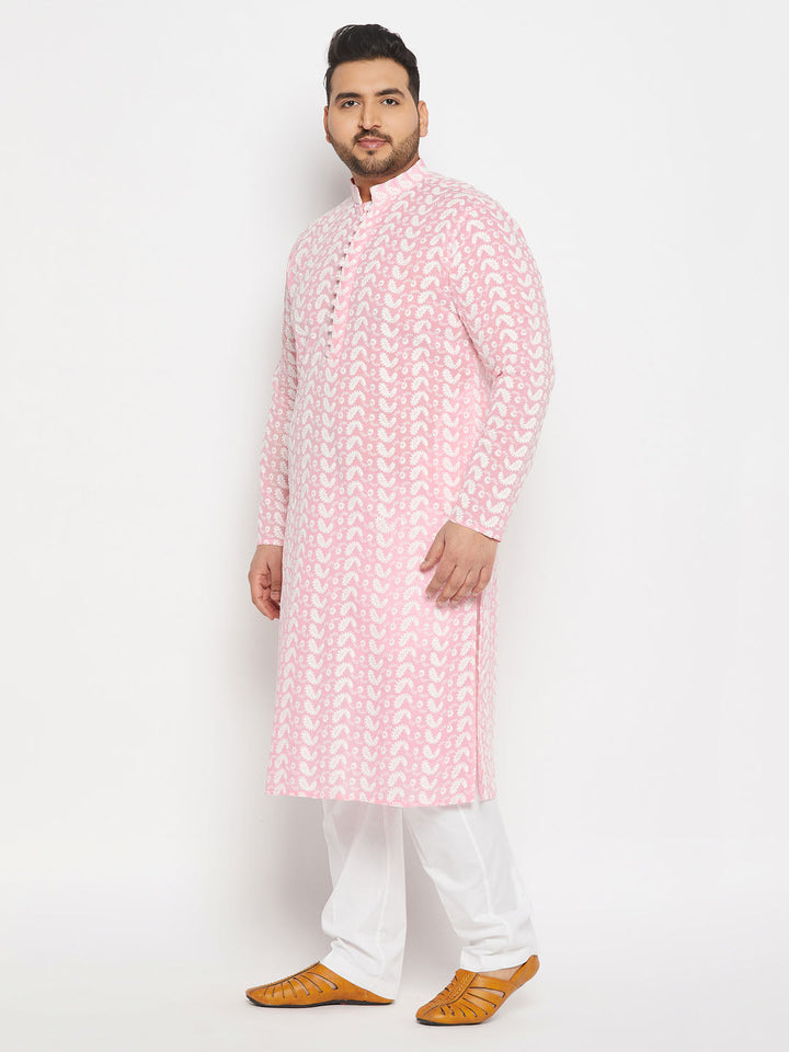 Men's Plus Size Pink Chikankari Embroidered Kurta And White Cotton Pant Style Pyjama Set