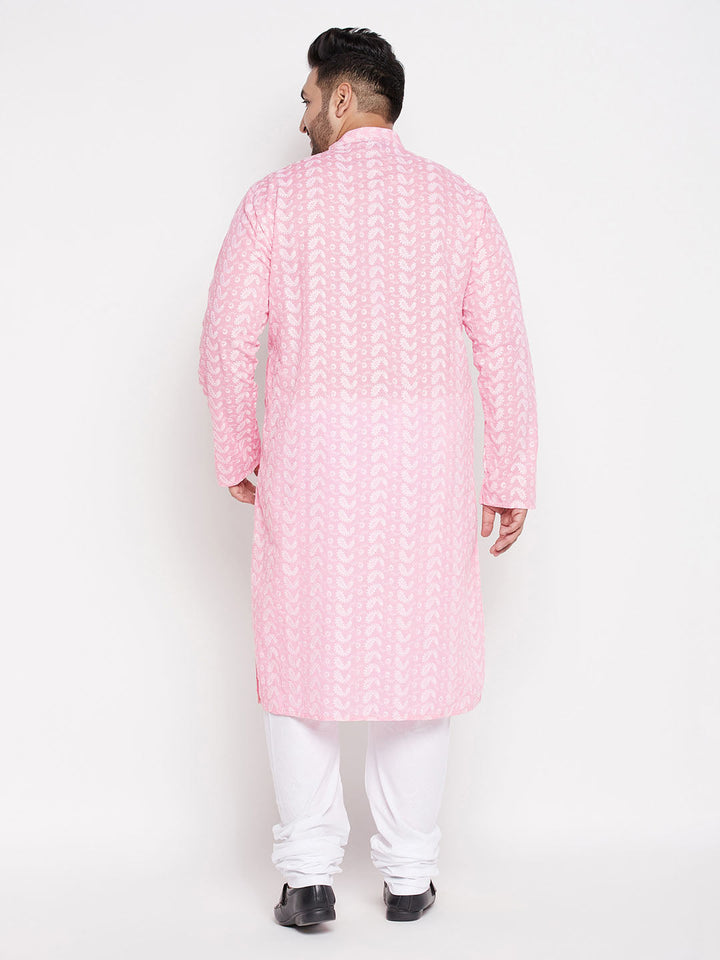 Men's Plus Size Pink Chikankari Embroidered Kurta And White Pyjama Set