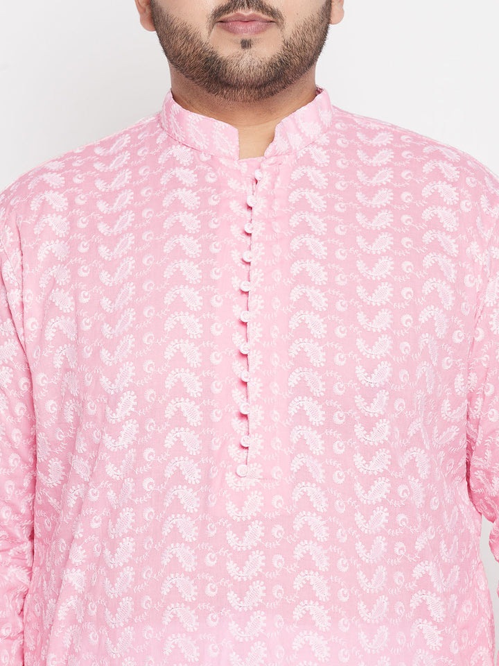 Men's Plus Size Pink Chikankari Embroidered Kurta And White Pyjama Set