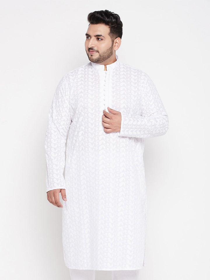 Men's Plus Size White Chikankari Embroidered Kurta