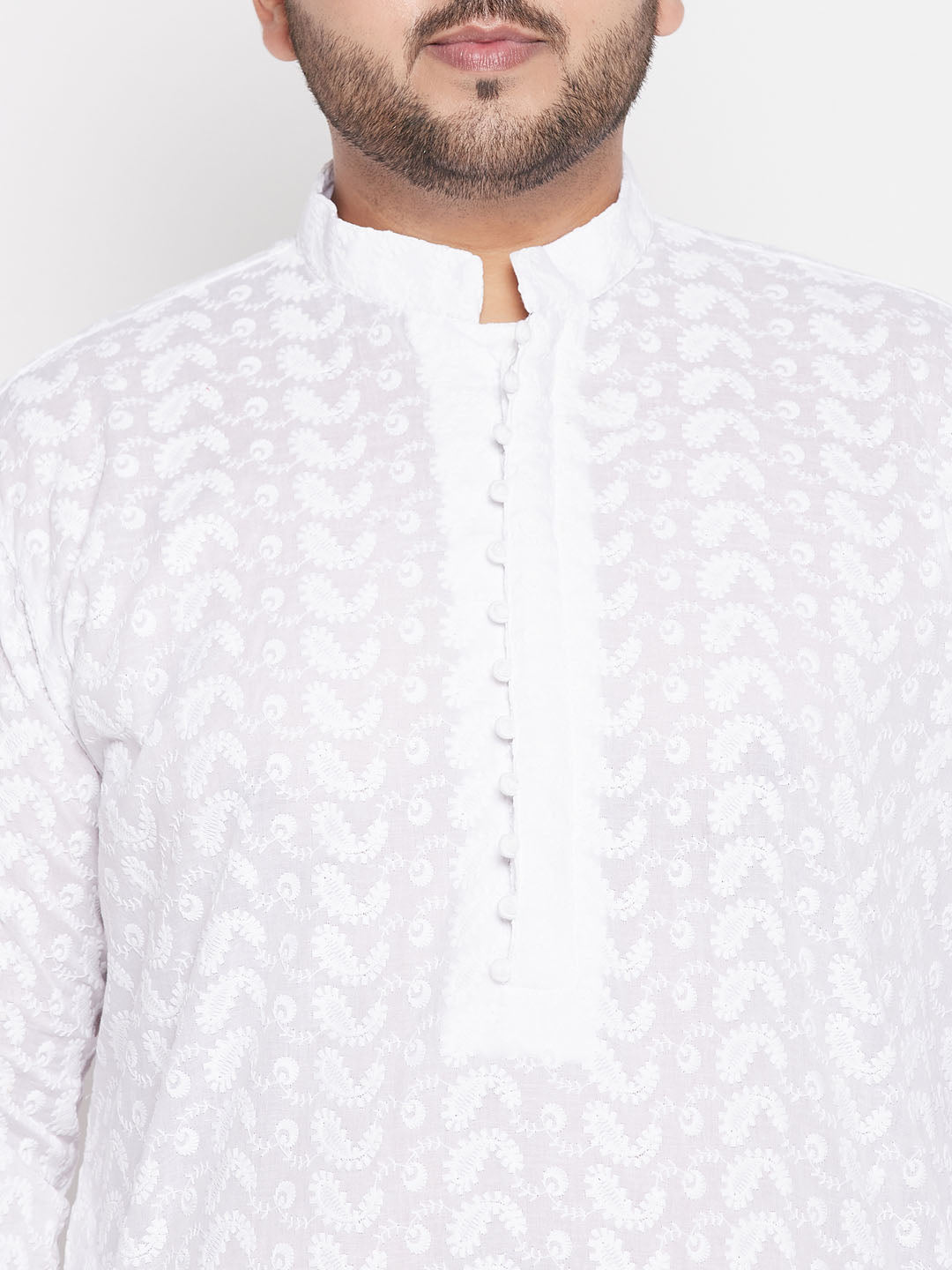 Men's Plus Size White Chikankari Embroidered Kurta