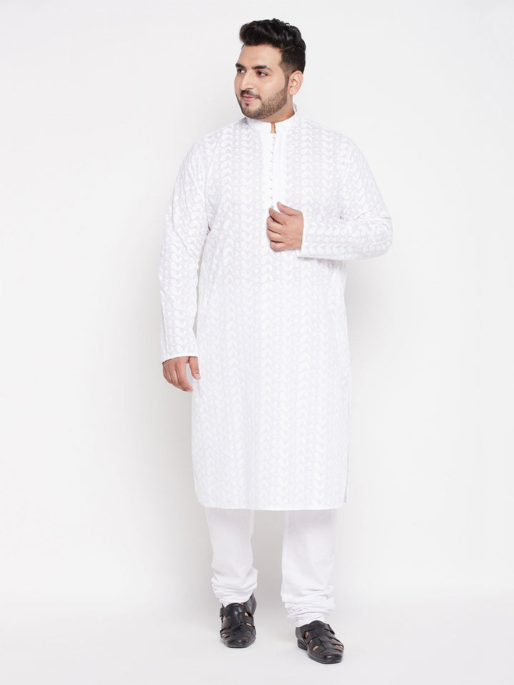 Men's Plus Size White Chikankari Embroidered Kurta