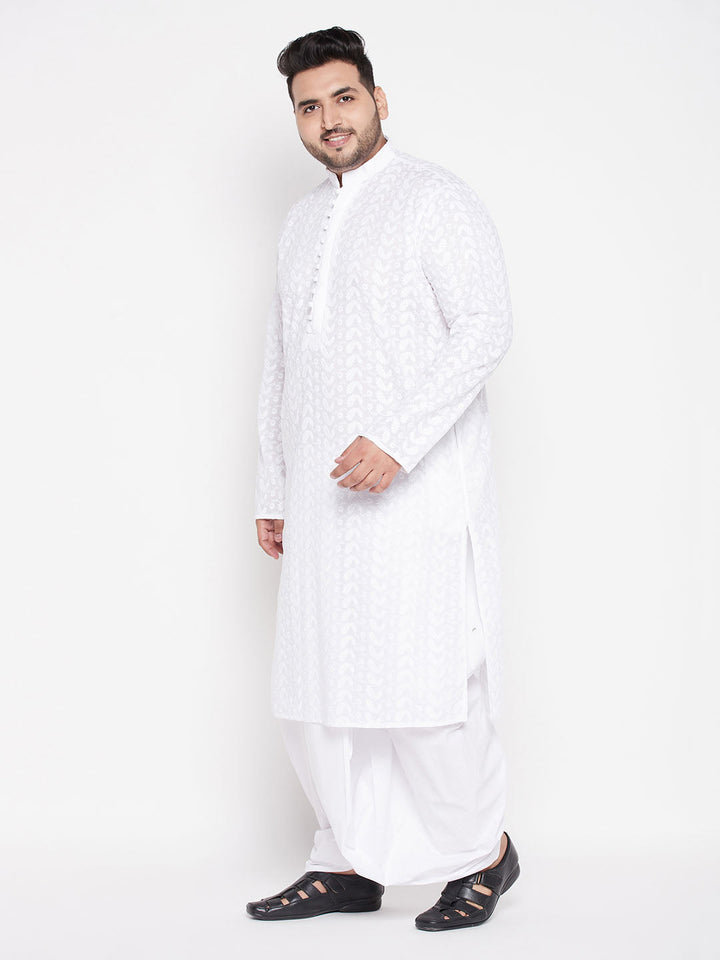 Men's Plus Size White Chikankari Embroidered Kurta And Dhoti Set