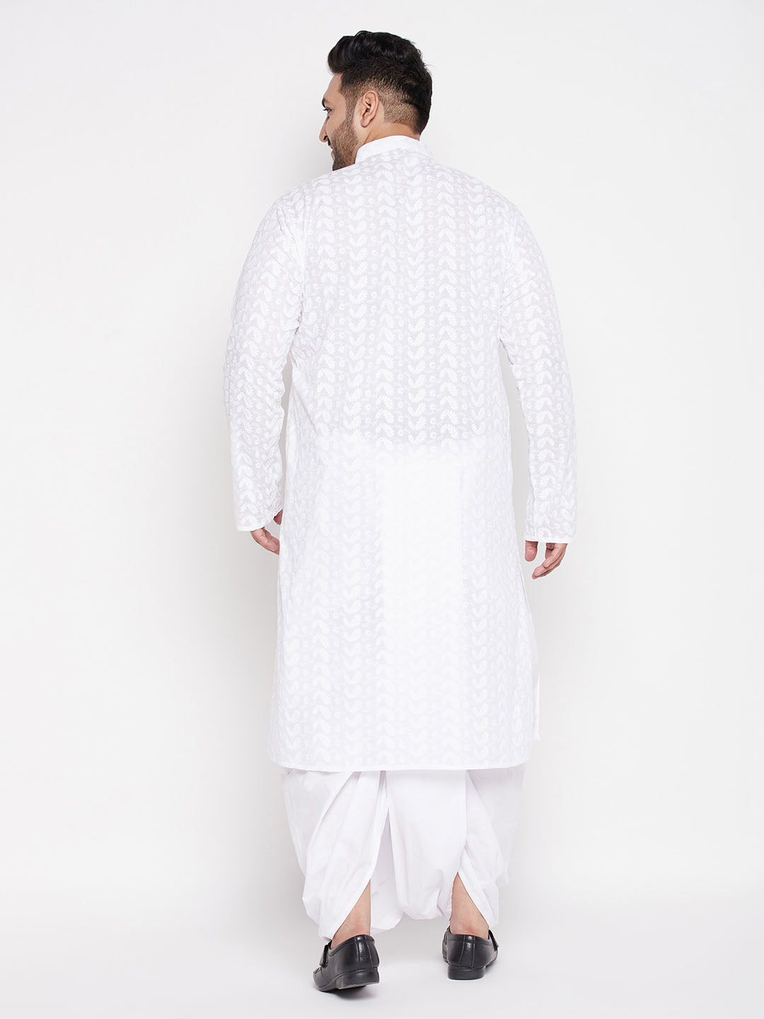 Men's Plus Size White Chikankari Embroidered Kurta And Dhoti Set