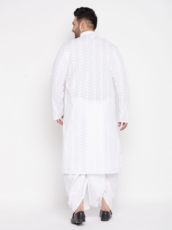 Men's Plus Size White Chikankari Embroidered Kurta And Dhoti Set