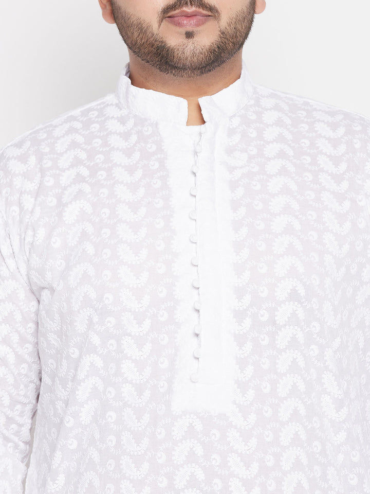 Men's Plus Size White Chikankari Embroidered Kurta And Dhoti Set