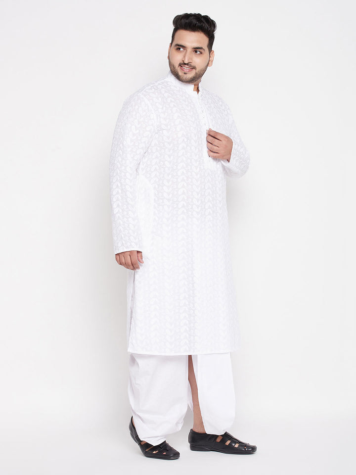 Men's Plus Size White Chikankari Embroidered Kurta And Dhoti Set